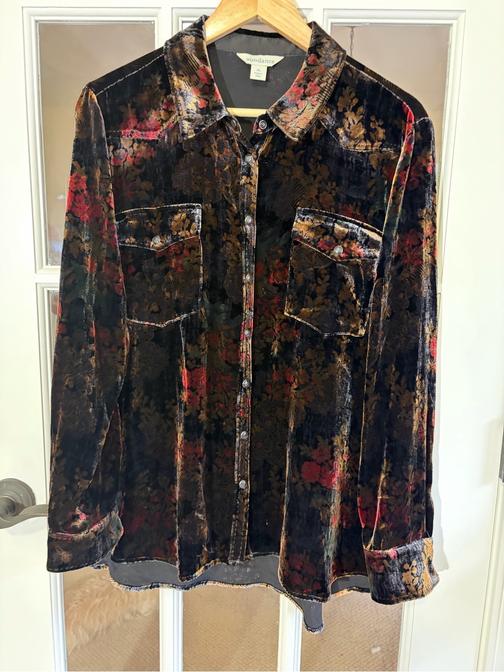 Sundance Velvet Floral Button-Down Shirt – Black Red Gold Accents silk blend